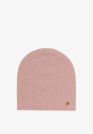 Hellrosa Strickmütze mit runder Oberseite, versehen mit einem kleinen Logosticker in der unteren rechten Ecke. Weicher Stoff, elastische Passform und schlichtes Design.