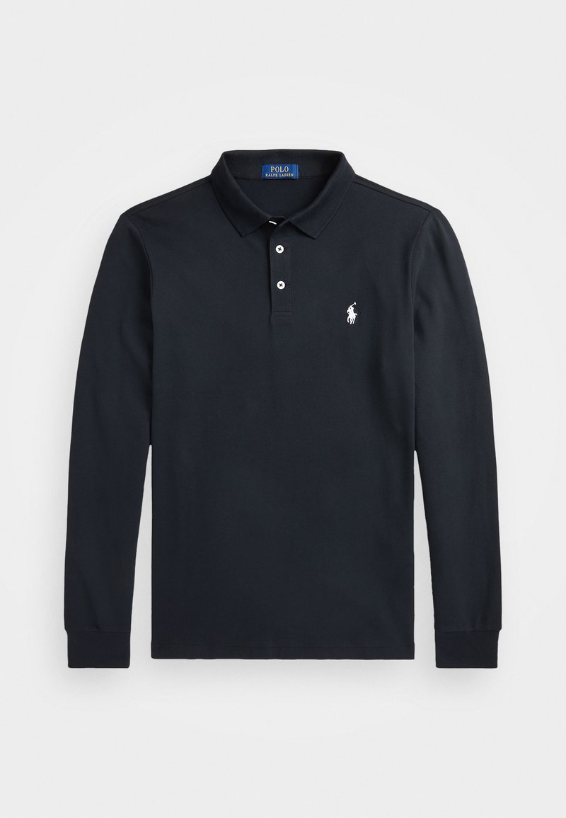 Črna polo majica z dolgimi rokavi iz bombaža, z klasičnim ovratnikom, trojnim gumbom in belim logotipom polo na levem prsnem delu.
