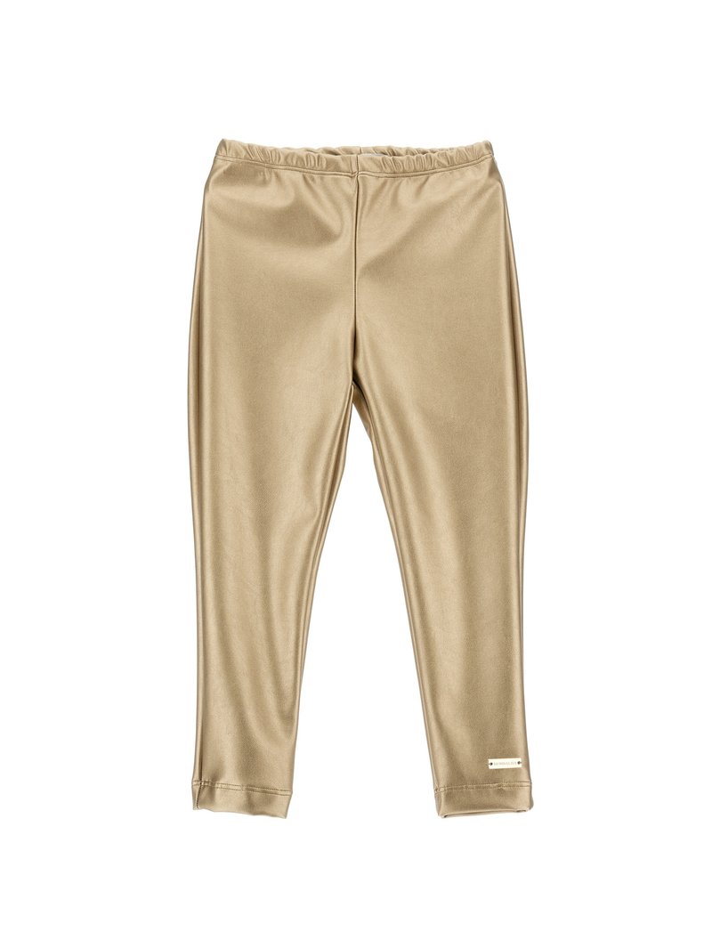 Leggings color oro realizzati in un materiale elastico con una vita elasticizzata e un design aderente, caratterizzati da una leggera lucentezza.