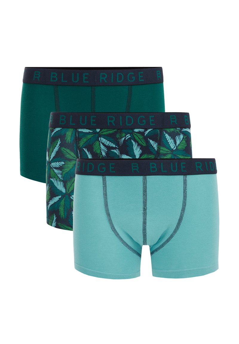Tri para moških bokseric: ena enobarvna temno zelena, ena enobarvna aqua in ena z vzorcem listov v zeleni in mornarsko modri, vse s mornarsko modrim pasom.