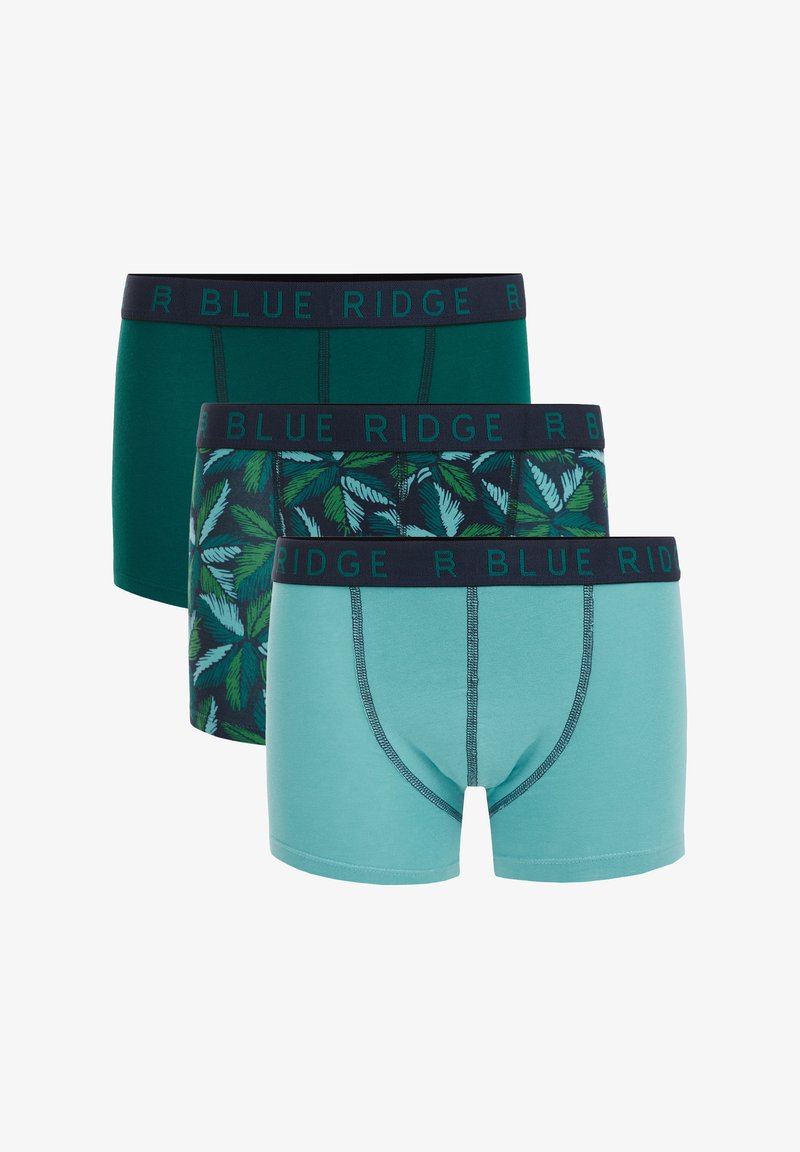 Tri para moških bokseric: ena enobarvna temno zelena, ena enobarvna aqua in ena z vzorcem listov v zeleni in mornarsko modri, vse s mornarsko modrim pasom.