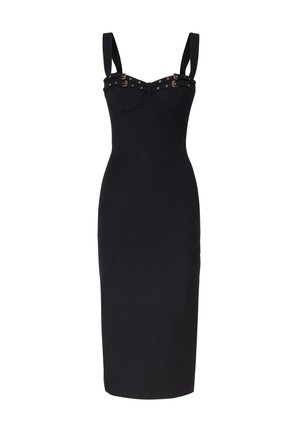 Abito nero aderente con busto strutturato, spalline larghe e dettagli in metallo dorato nella scollatura. Tessuto morbido e elastico. Lunghezza midi.