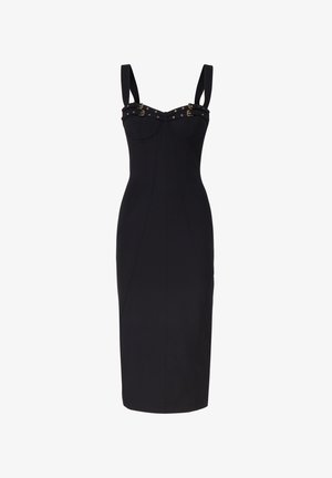 Abito nero aderente con busto strutturato, spalline larghe e dettagli in metallo dorato nella scollatura. Tessuto morbido e elastico. Lunghezza midi.