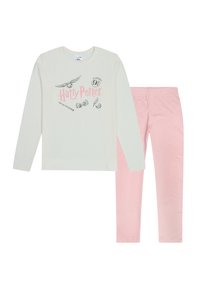 Langärmliges, hellgrünes Hemd mit Harry-Potter-Grafik, kombiniert mit weichen rosa Hosen. Baumwollstoff, lockere Passform, einfaches Design, ohne Muster.