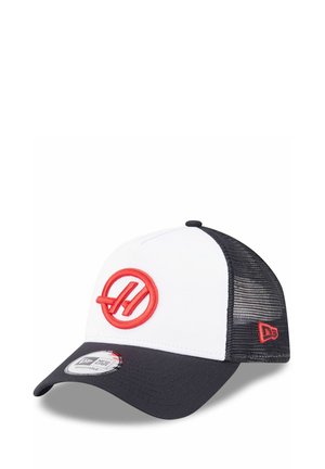 Trucker cap with a white front, black mesh back, red embroidered logo, curved visor, and adjustable strap for a custom fit.