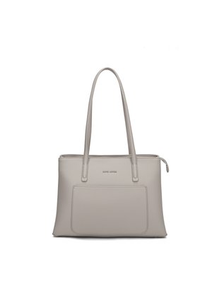 Hellgraue rechteckige Lederhandtasche mit langen Henkeln, Vorderfach und Reißverschluss oben.