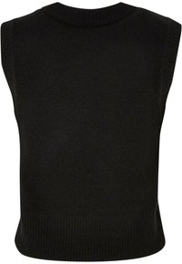 Zwarte mouwloze gebreide top met een geribbelde ronde hals, zachte textuur en aansluitende pasvorm, met een schone, naadloze rugdesign.