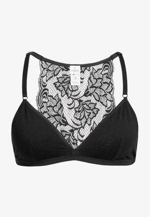 Zwarte beha met een driehoekige vorm; de voorkant heeft een kantontwerp met bloemenpatronen, verstelbare bandjes en een gladde stofstructuur.