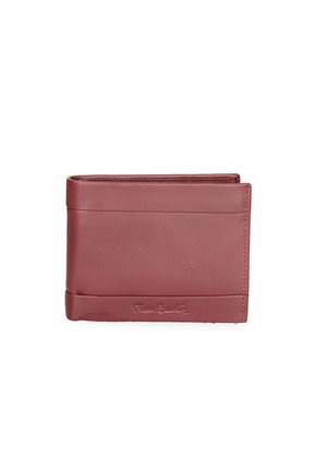 Burgundy leather wallet with smooth texture, bi-fold design, and subtle branding on the front. Compact shape with no visible hardware accents.