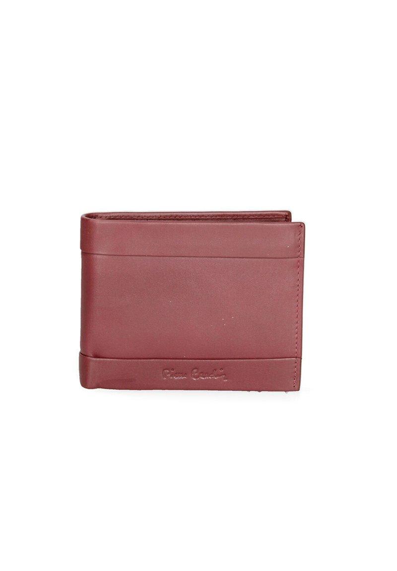 Portafoglio in pelle borgogna con texture liscia, design pieghevole a due scomparti e branding sottile sul fronte. Forma compatta senza elementi hardware visibili.