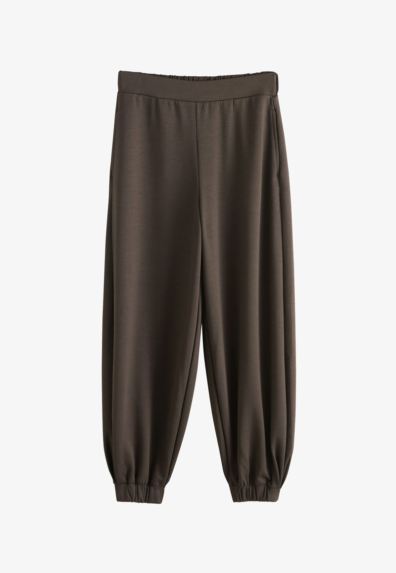 Pantalon marron foncé coupe décontractée avec taille et poignets élastiques, poches latérales, fabriqué en tissu lisse et léger.