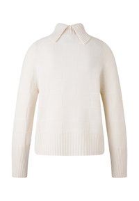 Crème kleurige gebreide trui met een gestructureerd vierkant patroon, lange mouwen, ribgebreide manchetten en zoom, en een omgevouwen kraag.