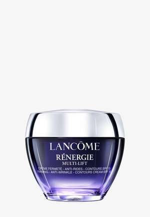 Purple glass jar with a silver lid, labeled "Lancôme Rénérgie Multi-Lift." Text indicates properties: firming, anti-wrinkle, contours.