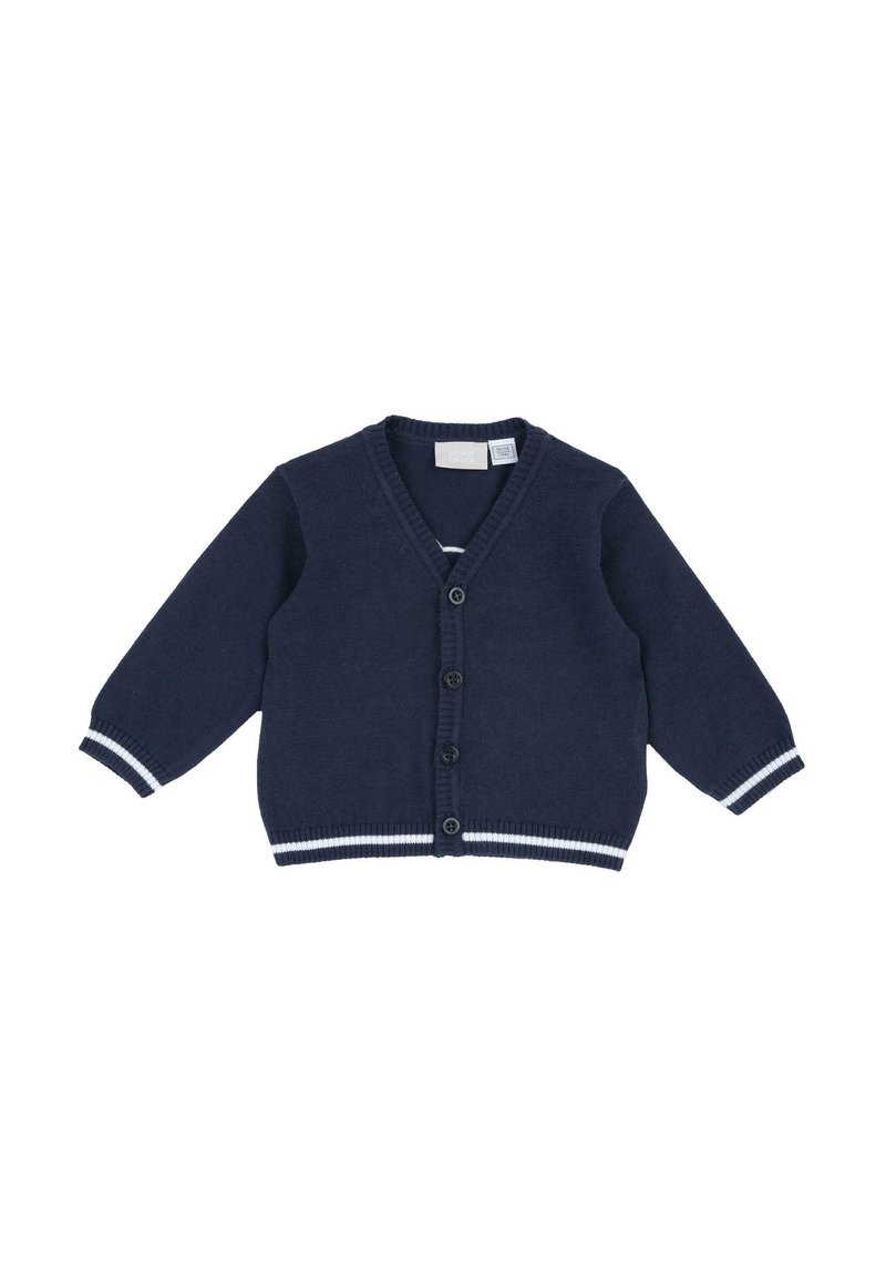 Cardigan en tricot marine avec un col en V, cinq boutons et des manches longues ; présente des accents de rayures blanches aux poignets et à l'ourlet. Texture douce.