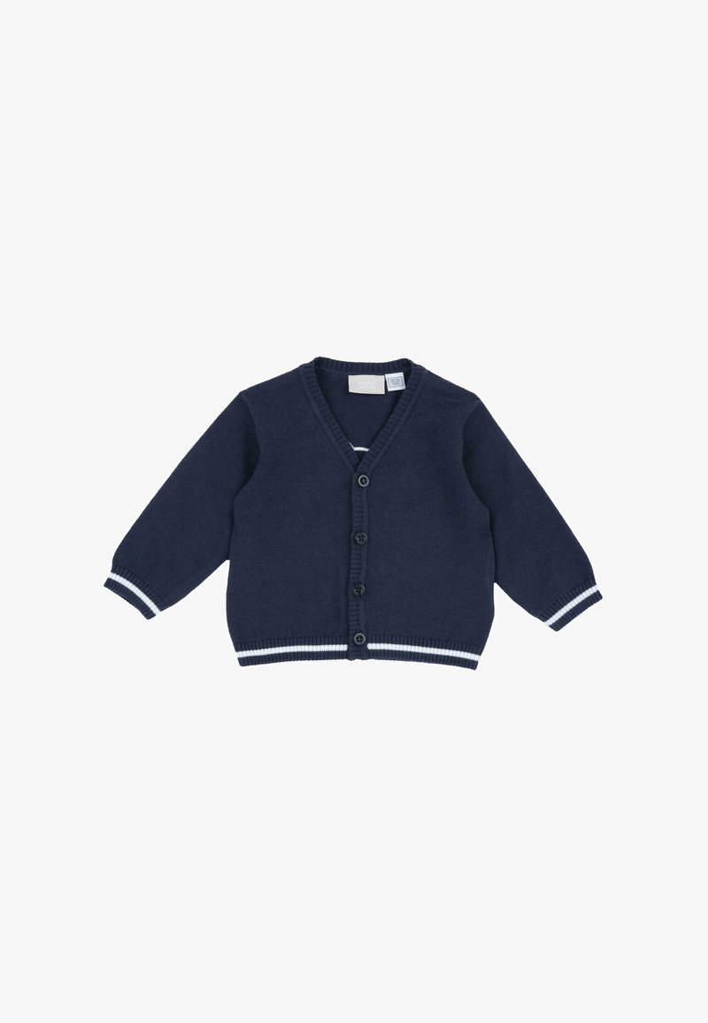 Cardigan en tricot marine avec un col en V, cinq boutons et des manches longues ; présente des accents de rayures blanches aux poignets et à l'ourlet. Texture douce.