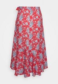 Falda midi roja con estampado floral en azul y blanco, con dobladillo acampanado y detalle de lazo lateral.