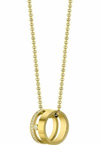 Collana in oro con due anelli interconnessi, uno dei quali è adornato da una fila di accenti luccicanti, collegati da una lucida catena testurizzata.