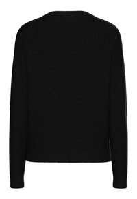 Juodas megztinis, pagamintas iš minkštos, tekstūruotos medžiagos. Įrengti ilgi rankovės ir apvalus iškirpimas. Supjaustytas laisvu siluetu, su gumuotu apvadu ir rankogaliais.