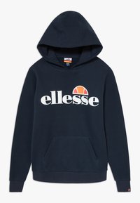 Tamno plavi dukserica s kapuljačom i prednjim džepom, sa bijelim grafičkim ispisa koji glasi "ellesse" i kružnim narančastim akcentom iznad.