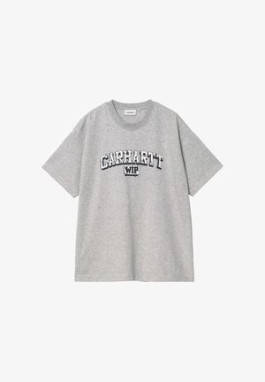 Szary bawełniany t-shirt z nadrukiem "CARHARTT WIP" w formie wyraźnego, czarnego łuku. Krótkie rękawy i okrągły dekolt, o luźnym kroju.