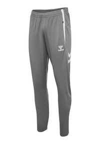 Graue Sporthose mit elastischem Bund, weißen Seitenstreifen, Hummel-Logo und Reißverschlusstasche auf der rechten Seite.