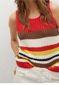 Colorful knitted tank top featuring red, brown, yellow, and white stripes. Textured fabric with a round neckline and ribbed hem.
