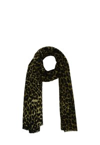 Écharpe en imprimé léopard en tissu doux. Présente un motif vert et noir avec des bords frangés. Forme rectangulaire, légère et polyvalente.