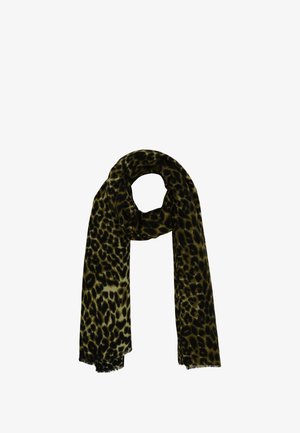 Écharpe en imprimé léopard en tissu doux. Présente un motif vert et noir avec des bords frangés. Forme rectangulaire, légère et polyvalente.