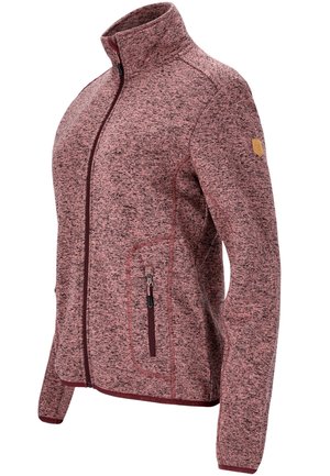 Fleecejacke in einem Mischton aus Kastanienrot und Grau, mit hohem Kragen, Reißverschlusstaschen und kontrastierenden Nähten entlang der Nähte.