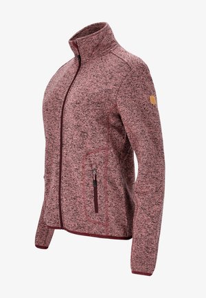 Fleecejakke i maroon og grå blanding, med høj krave, lynlåslommer og kontrasterende syninger langs sømmene.