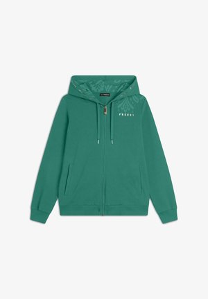 Felpa verde con zip realizzata in tessuto morbido. Presenta un cappuccio con cordoncino, tasche frontali, hardware dorato e un delicato motivo decorativo all'interno del cappuccio.
