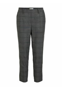 Gray plaid trousers featuring an elastic waistband, a tailored fit, side pockets, and subtle blue accents in the pattern.