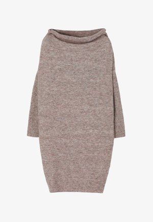 Ylihankkinen, kauluksellinen neule vaaleassa ruskeassa sekoiteknitissä. Ominaisuuksia ovat leveät hihat ja ribbireuna, valmistettu pehmeästä, teksturoituneesta kankaasta.