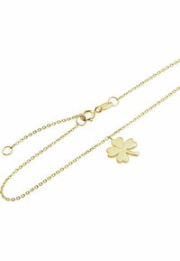 Collana in oro con pendente a quadrifoglio, link delicati, finitura lucida e chiusura a moschettone.