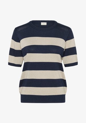 Pull en tricot à rayures navy et beige, à manches courtes, avec un col rond et un ourlet légèrement froncé, présentant un effet de brillance subtil.