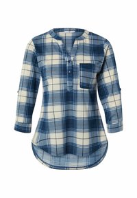 Blau- und cremefarbener Karohemd mit Knopfleiste und Henley-Kragen, Dreiviertelärmeln und einer Brusttasche. Weicher Stoff mit lockerer Passform.
