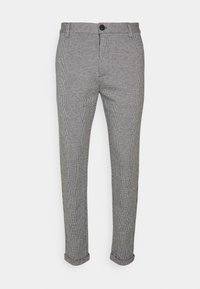 Szare spodnie w kratę z zapięciem na guzik, slim fit, z podwiniętymi mankietami i teksturowanym wzorem. Odpowiednie na codzienne lub półformalnie okazje.
