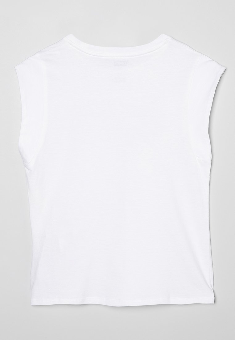 Weißes ärmelloses T-Shirt aus weicher Baumwolle, mit Rundhalsausschnitt und glatter Textur ohne sichtbare Muster oder Akzente.