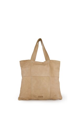Beige leren tote tas met twee handvatten en een doorgestikt paneelontwerp, voorzien van het label "Venezia" in het midden aan de voorkant.
