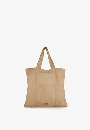 Beige læder tote taske med to håndtag og syet paneldesign, mærket "Venezia" på frontens midte.