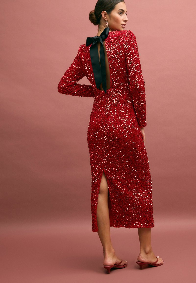 strapless open back dress Tina Holly Couture TA139 Burgundy Sequin Long Sleeve Mermaid Formal Dr main image 1