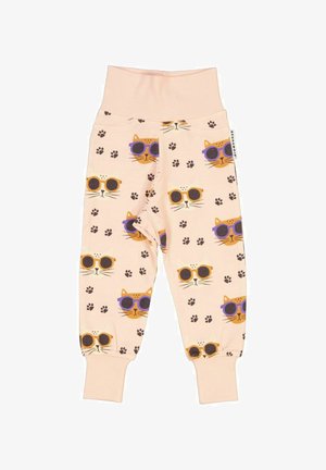 Vaaleanpunaiset puuvillalegginsit, joissa on toistuva kuvio kissoista aurinkolaseissa ja tassunjäljistä. Pehmeä vyötärö ja tiukat hihnat.