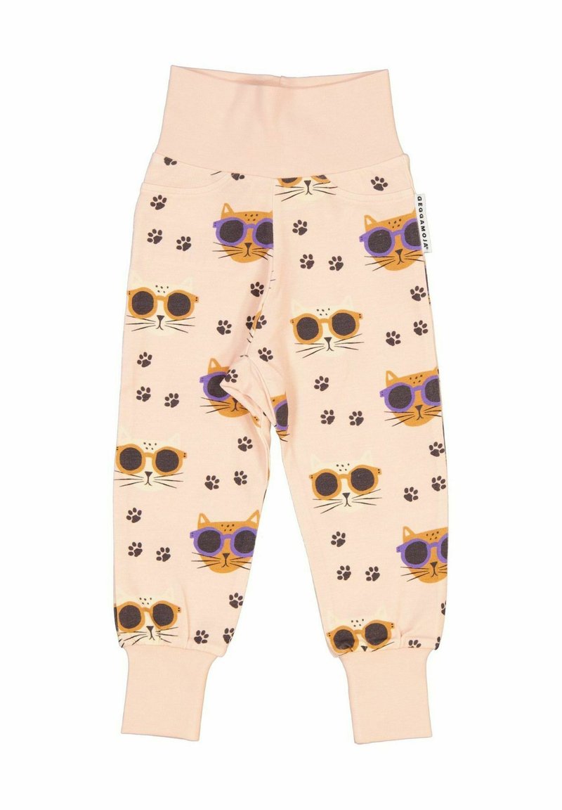 Ljusrosa bomullsleggings med ett mönster av katter som bär solglasögon och tassavtryck. Mjuk midjeresår och åtsittande muddar.