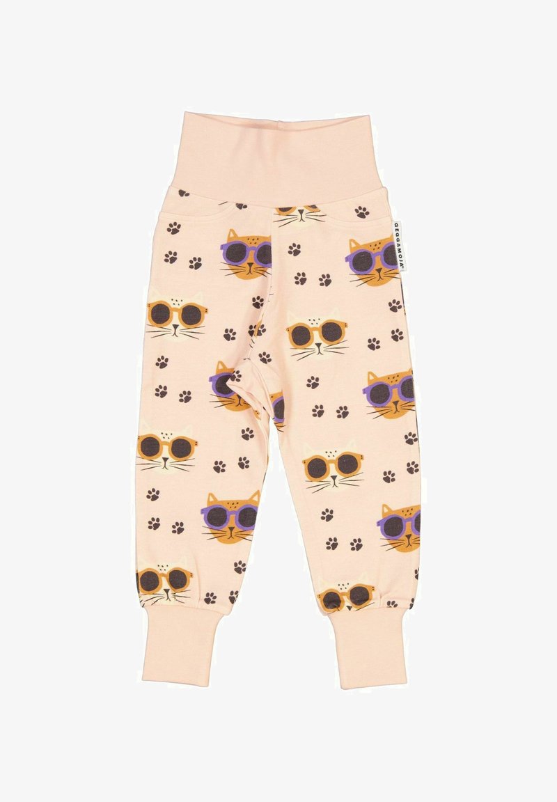 Ljusrosa bomullsleggings med ett mönster av katter som bär solglasögon och tassavtryck. Mjuk midjeresår och åtsittande muddar.