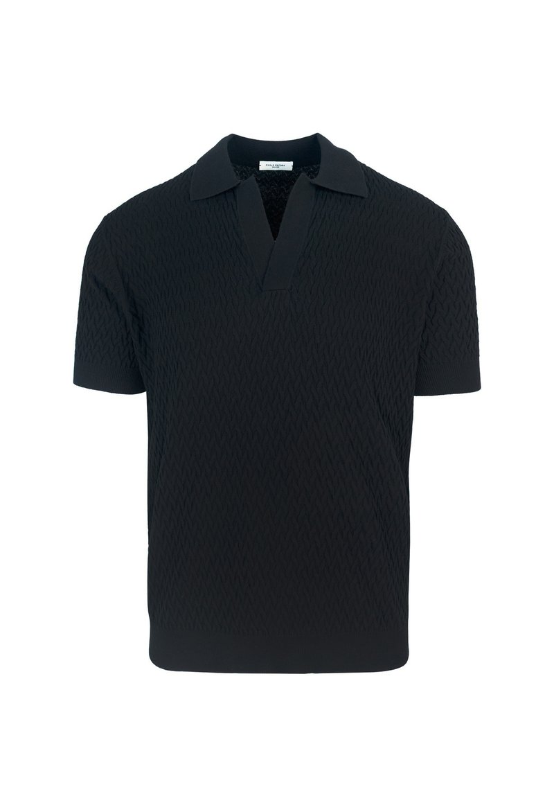 Polo shirt nera in maglia con un motivo texture, maniche corte e colletto a V. Il tessuto sembra morbido e leggermente elasticizzato.