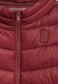 Chaqueta acolchada burdeos con cuello alto, costura vertical y cremallera frontal. Presenta un parche con la marca en el lado izquierdo del pecho. Textura suave.