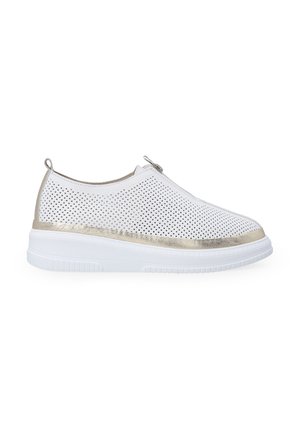 White perforated slip-on shoes with gold accents and a rubber sole. Features a rounded toe and a textured design for breathability.