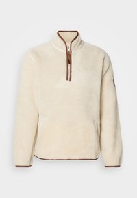 Cremefarvet fleece pullover med kvart lynlås; har brun kant ved krave og manchetter. Blød tekstur, afslappet pasform og sidelomme.