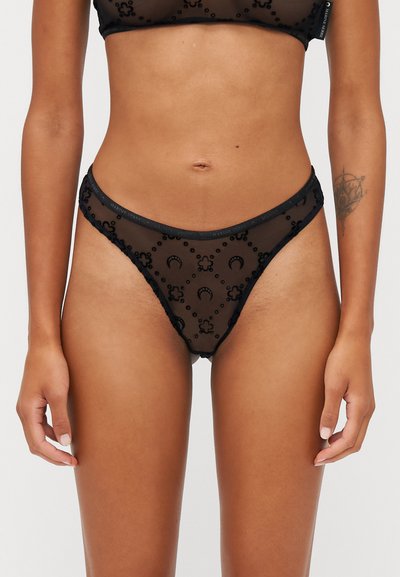 Zwarte mesh lingerie met bloemembroidery, een low-rise snit en een dunne, elastische tailleband met logodetaillering.