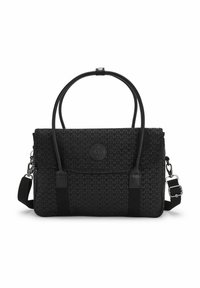 Black synthetic handbag with a geometric pattern, featuring dual handles and a detachable shoulder strap. Includes a logo accent.